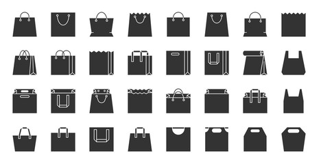 Shopping eco bag black silhouette icons vector set
