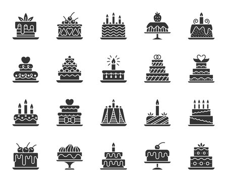 Cake Dessert Black Silhouette Icons Vector Set