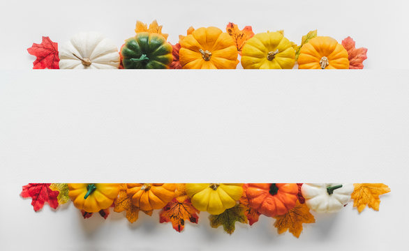 Thanksgiving background, pumpkin, leaves and decoration on white background with copy space. flatlay