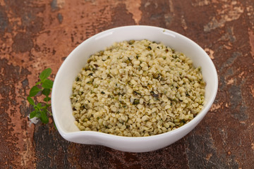 Peeled hemp seeds in the bowl