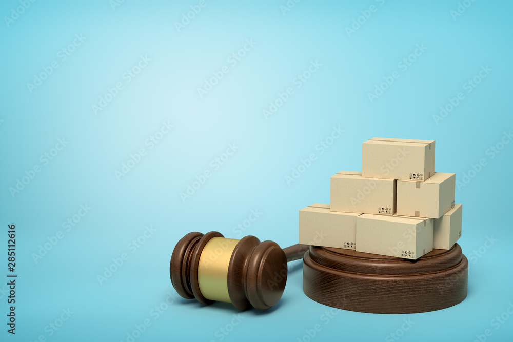 Poster 3d rendering of pile of cardboard boxes on sounding block with gavel lying beside on light-blue back