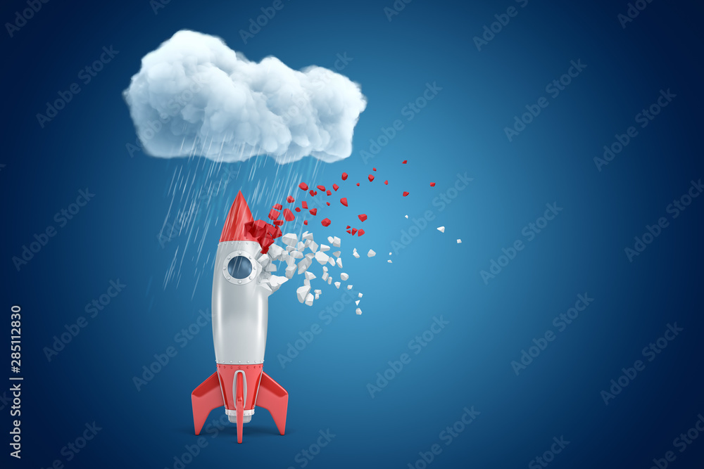 Poster 3d rendering of rocket standing under raining cloud and starting to dissolve in pieces, on blue back