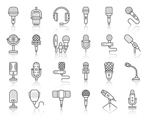 Microphone simple black line icons mic vector set - obrazy, fototapety, plakaty