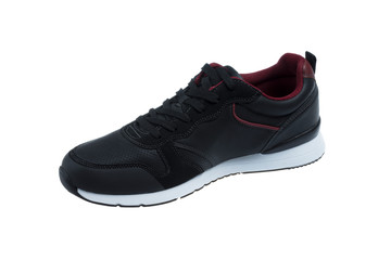 Single Sport mens Shoe in Black Leather and Dark Red, on white background