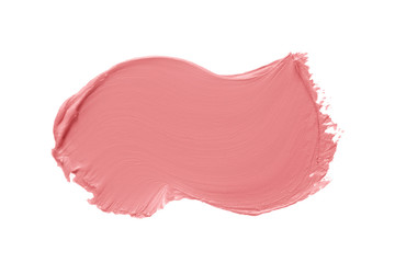 Matte lipstick texture. Pink creamy makeup product smear smudge swatch isolated on white...