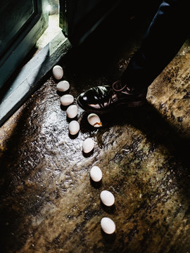 Person breaking egg on wooden floor