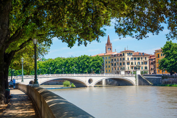 Fototapeta na wymiar View Ponte della Vittoria (Bridge of the Victory), located in Verona on the river Adige, Italy.