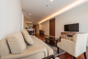 Beautiful and large living room interior with hardwood floors