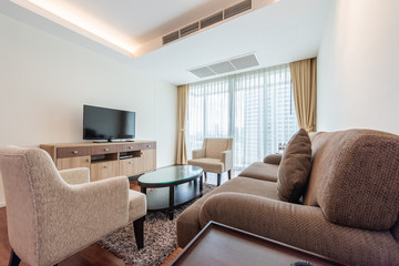 Beautiful and large living room interior with hardwood floors