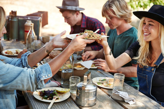 Group of millennial friends having a picnic in the park together