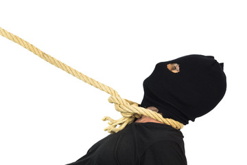 thief with mask pulled by rope on isolated White background