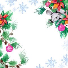 Fototapeta premium watercolor Christmas frame with Christmas decorations and bow