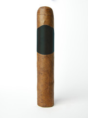 Close up one cigar, Cuban cigar, brown cigar burned on white background