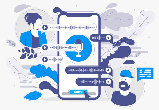 Vector illustration of the concept of communication in messengers voice messages between a girl and a man
