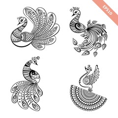 Hand drawn peacock mehendi style collection.Decoration in ethnic Indian style.Doodle sketch for tattoo, coloring page, t-shirt design, embroidery.