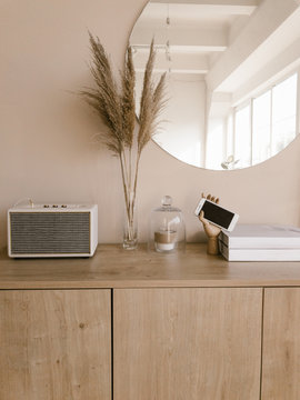 Smartphone?and decorations on cabinet