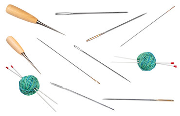 set of various sewing needles cut out on white
