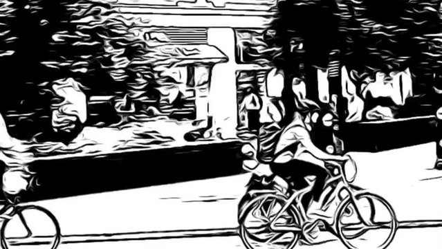 people cycling on bicycle or bike 15 minute city urban environment on road in cycle lane, comic book style animation tracking shot - stock, footage, video, 