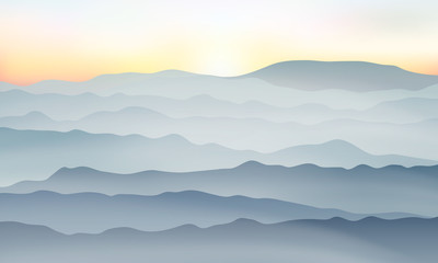 Fototapeta na wymiar Mountain landscape and sunset. Big mountain range. Sunrise and morning fog in the mountains. Vector