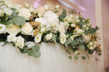 Wedding bouquet on the table in restaurant