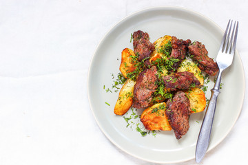 Roasted meat and fried potato with sauce ketchup and mayonnaise