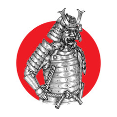 Samurai Warrior Holding Katana, Hand Drawn Illustration Vector