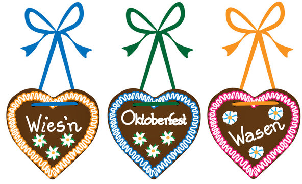 3 illustrierte Lebkuchenherzen Oktoberfest mit Aufschriften: Oktoberfest, Wasen, Wies'n