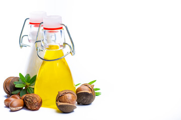 Skin and hair care product, creme or shampoo made from natural argan or macadamia oil in bottle and argan and macadamia  nuts isolated on white background