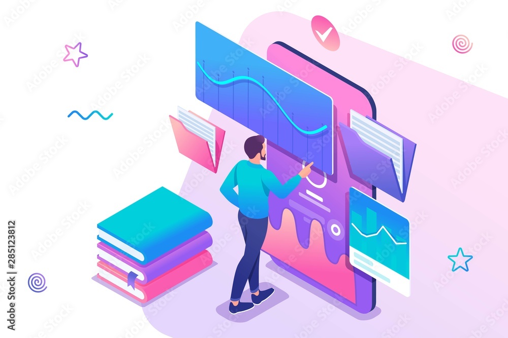 Poster isometric concept man watching a lesson on the website, online training, e-learning. mobile applicat