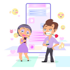 Pretty woman is chatting with handsome man with smartphone. Dating and virtual relationship concept. Chat bubbles and emojis on the background. Vector illustration