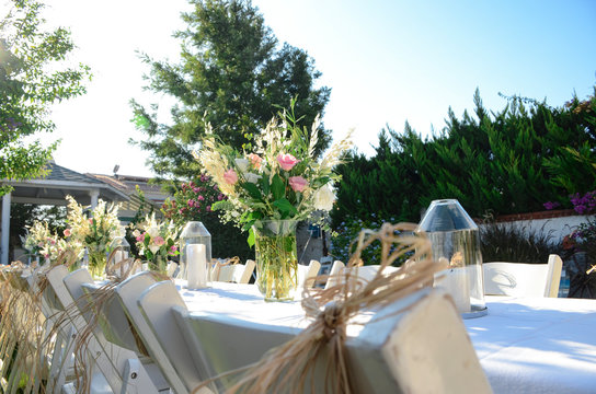 The wedding decor. Table is decorated for event party in the garden