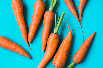 several fresh carrots lie in a row on a blue background.