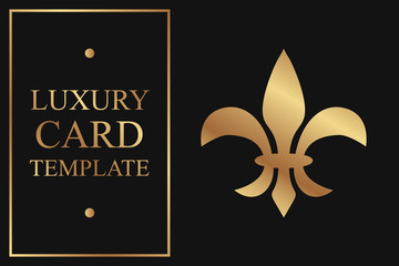Modern luxury royal card template with golden fleur de lis symbol on a black background. © Anna R