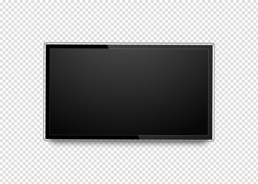 Realistic 4k ultra hd monitor. Blank black tv screen. Modern high definition TV. LCD vector display isolated on transparent background