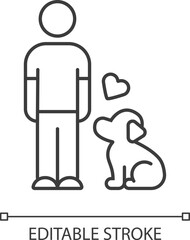 Animals welfare and help linear icon. Pup and master. Pet adoption from shelter. Volunteer activity. Thin line illustration. Contour symbol. Vector isolated outline drawing. Editable stroke