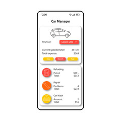 Car maintenance manager smartphone interface vector template. Mobile app page color design layout. Refueling, repair cost screen. Flat UI for application. Car wash expenses calculator phone display