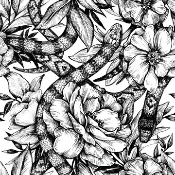 Seamless pattern with snakes and flowers. Graphic illustration. Hand drawing with ink and pen.