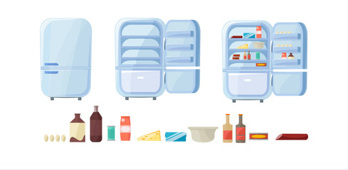 Refrigerator full of food. Empty and closed fridge set. Open cooler. Vector illustration in cartoon style.