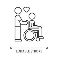 Disabled people help linear icon. Volunteer responsibility for handicapped. Man carries invalid in wheelchair. Thin line illustration. Contour symbol. Vector isolated outline drawing. Editable stroke
