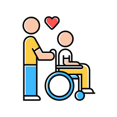 Disabled people help color icon. Volunteer responsibility for handicapped. Disability persons assistance. Nursing care. Man carries invalid in wheelchair. Isolated vector illustration