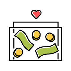 Donation box color icon. Collecting box with banknotes, coins. Moneybox. Charity fundraising. Receptacle for receiving donations. Container for money. Volunteer activity. Isolated vector illustration
