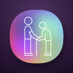 Elderly people help app icon. Volunteer responsibility for old people. Caring about old parents. Man hold senior by hands. UI/UX user interface. Web or mobile application. Vector isolated illustration