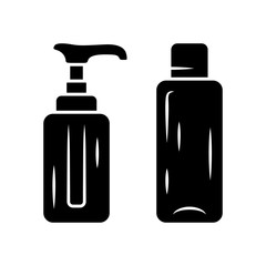 Empty reusable containers glyph icon. Shampoo and soap bottles for travel. Personal hygiene, self care products. Travelling item. Silhouette symbol. Negative space. Vector isolated illustration