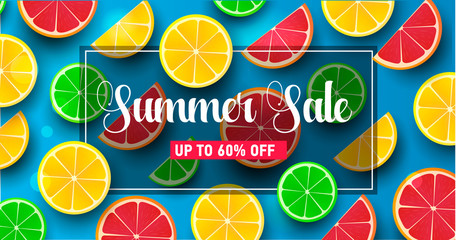 Summer background with citrus slices on blue backdrop, modern realistic graphic