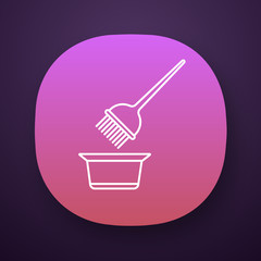 Hair coloring tools app icon. Tint mixing bowl and hair dye brush. Hairdressing instruments. Professional hairstyling. UI/UX user interface. Web or mobile application. Vector isolated illustration