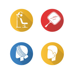 Hairdress flat design long shadow glyph icons set. Barbershop, beauty salon services. Haircut, drying, styling. Stand hairdryer, hand mirror, man and woman hairstyle. Vector silhouette illustration