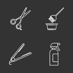 Hairdress glyph icons set. Haircut, hair dyeing, straightening. Scissors, coloring tools, straightener, spray bottle. Barbershop services. Hairstyling. Silhouette symbols. Vector isolated illustration