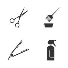 Hairdress glyph icons set. Haircut, hair dyeing, straightening. Scissors, coloring tools, straightener, spray bottle. Barbershop. Hairstyling. Silhouette symbols. Vector isolated illustration