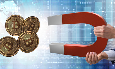 Businessman mining bitcoins with horseshoe magnet