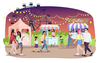 Night fair flat vector illustration. People walk street market cartoon characters. Festival, funfair, city event, amusement park food stalls. Popcorn, ice cream, coffee kiosks on fairground